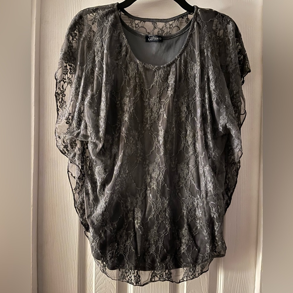 Gray tank with lace overlay with butterfly sleeves